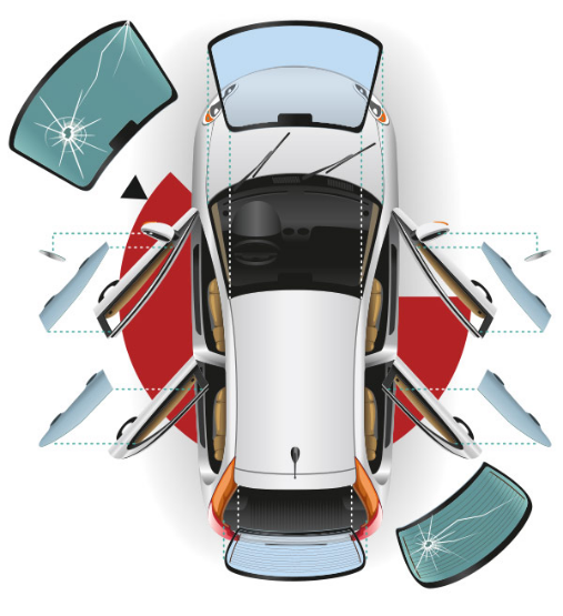 overhead exploded view of a car during window repair